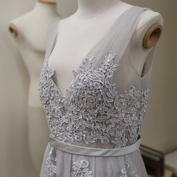 PROM/WEDDING LIGHT GRAY TULLE WITH FLORAL APPLIQUES BY BABYONLINE D.R.E.S.S. - Picture 3 of 13